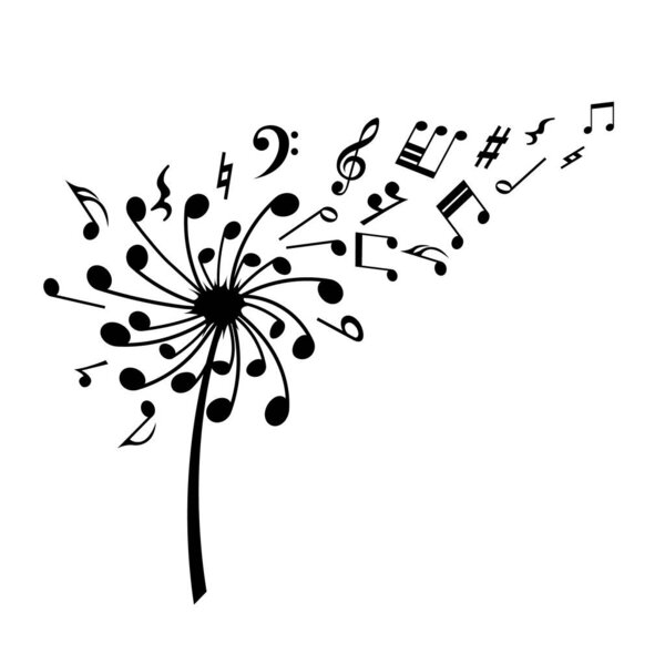 Черный силуэт одуванчика. Логотип музыкального фестиваля. Ноты семян цветов. Музыкальный символ диких цветов. Изолированное звуковое искусство