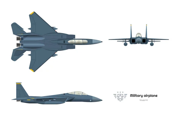 Pesawat militer. Atas, samping, tampilan depan pesawat. 3 kapal perang yang terisolasi. Pesawat militer AS. Cetak biru industri jet tempur. Gambar penerbangan perang - Stok Vektor