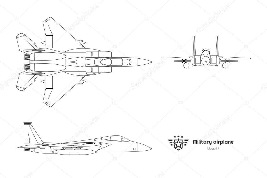 Outline military airplane blueprint. Top, side, front view of aircraft. Isolated contour warcraft. USA army plane. Jet fighter industry print. War aviation drawing