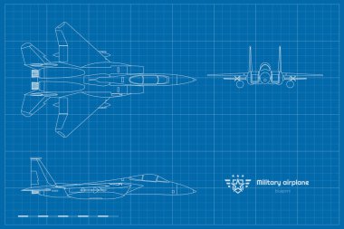 Askeri uçak planlarını özetle. Üst, yan, hava aracının ön görüntüsü. Contour savaş gemisi. Amerikan ordusu uçağı. Jet savaş uçağı endüstriyel baskısı. Savaş havacılığı çizimi