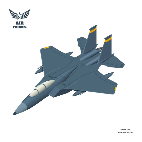 Pesawat militer Isometric. Pesawat jet tempur supersonik. Pesawat militer 3d. Terisolasi pesawat bersenjata dengan senjata rudal. Transportasi Angkatan Udara Amerika - Stok Vektor