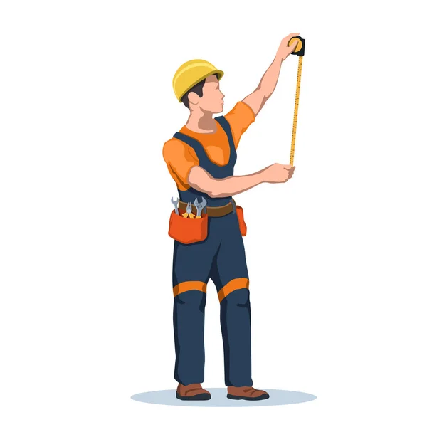 Worker use building roulette. Builder with metric tool. Man in uniform with engineer ruler. Isolated industrial scene. Contractor boy measure wall — Vettoriale Stock
