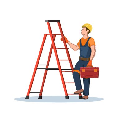 Worker with toolbox use a ladder. Builder with uniform and helmet. Engineer on stepladder. Isolated industrial scene. Portrait of contractor boy
