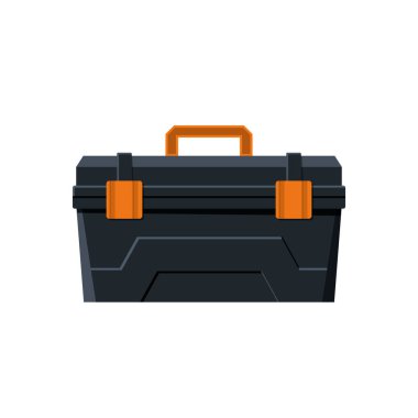 İzole edilmiş siyah alet çantası. El aletleri için profesyonel alet çantası. Malzeme setinin karikatür sanayi simgesi. İşçi konteynırı