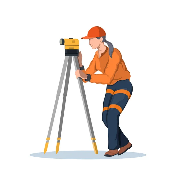 Civil engineer uses theodolite. Survey equipment. Builder with topographic tool. Isolated industrial scene. Girl with geodesic laser level — Vettoriale Stock