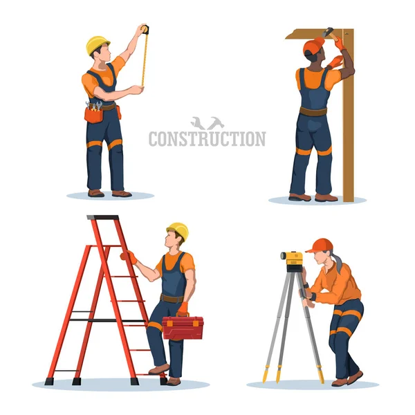Elszigetelt építőmunkások. Építőipari jelenet. Az építők kézi szerszámot használnak. Építőmérnökök dolgoznak. Felmérésspecialista — Stock Vector