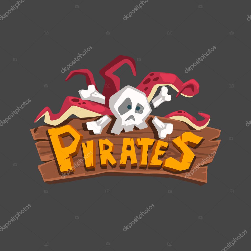 Pirate game logo. Cartoon skull with kraken. Mobile videogame emblem. Funny corsair sign. Gamers clipart. 3d wooden logotype. Vector illustration