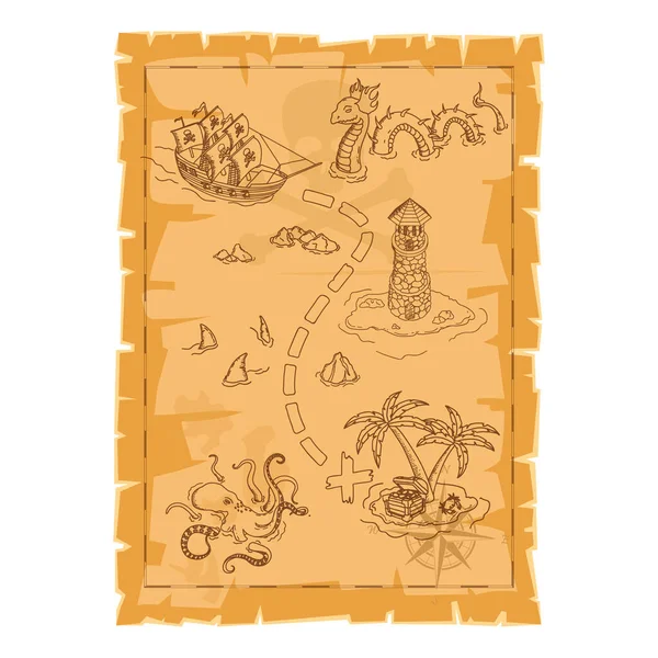 卡通海盗地图 旧纸卷 驯鹿旅行的垂直海报 游戏的一部分 矢量说明 — 图库矢量图片
