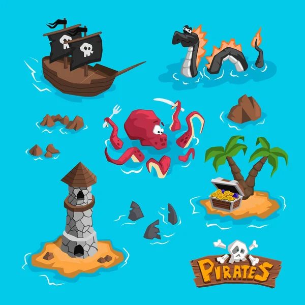 Mapa Pirata Dibujos Animados Personajes Infantiles Del Viaje Caribeño Arte — Vector de stock