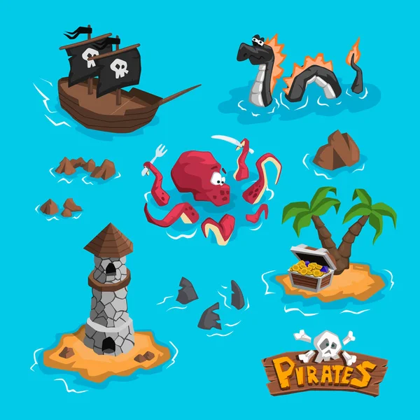 Carte Pirate Bande Dessinée Caractères Pépiniéristes Voyage Caribéen Art Isométrique — Image vectorielle