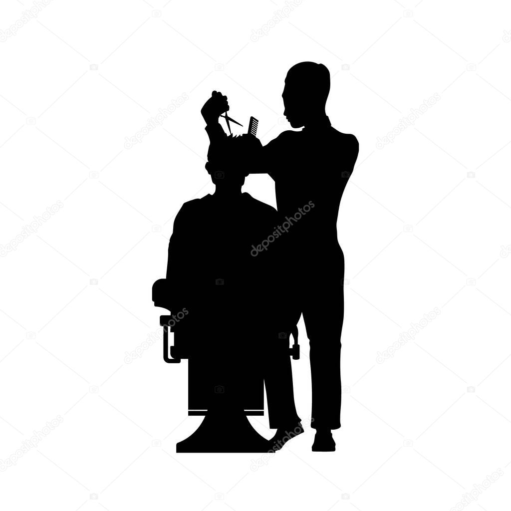 Barbershop scene. Hairdresser black silhouette. Isolated mens haircut stylist. Barber salon indoor. Man fashion service. Beard master with scissors. Vector illustration