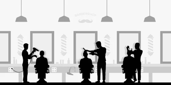 Barbershop Salon Interior Black Silhouette Scene Barber Shop Haircut Master — Stock Vector