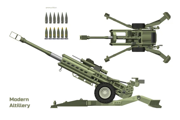 Modern Artillery Isolated Cannon Top Side View Military Weapon Army - Stok Vektor