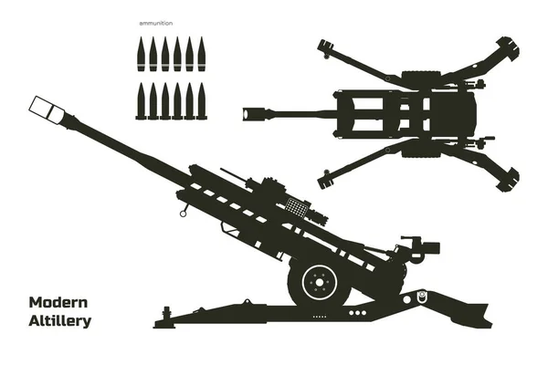 Black Silhouette Modern Artillery Isolated Cannon Blueprint Top Side View — Image vectorielle