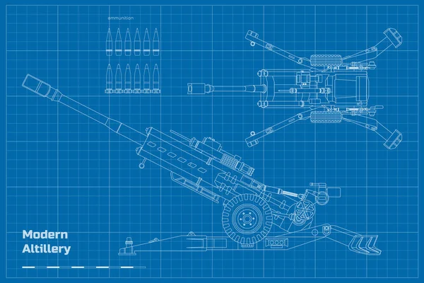 Outline Modern Artillery Heavy Cannon Blueprint Top Side View Military — ストックベクタ