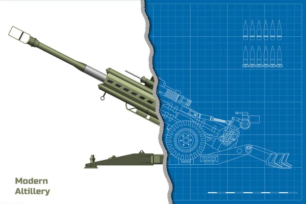 Modern Artillery Isolated Cannon Blueprint Top Side View Military Weapon — Stockový vektor