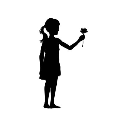 Girl gives flower. Black silhouette of child in dress. Cute kid giving gift for mom. Childhood scene. Vector illustration
