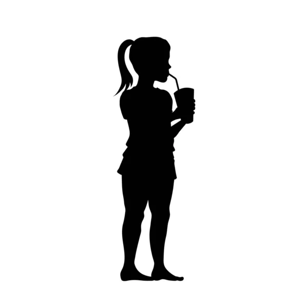 Kid Drinks Juice Black Silhouette Girl Cocktail Child Fresh Glass — Stockvektor