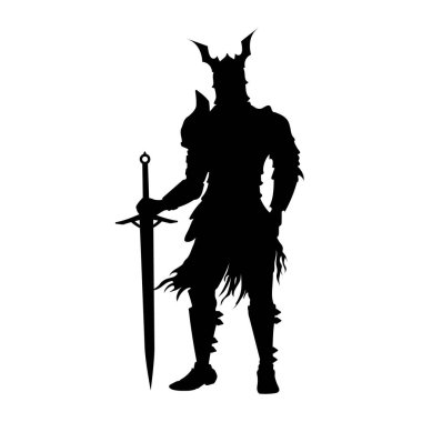 Dark knight silhouette. Fantasy warrior with sword. Isolated medieval paladin statuette. Armour warlord figure. Vector illustration