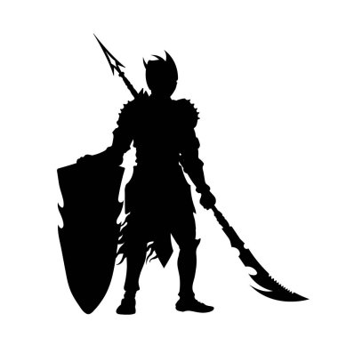 Fantasy spearman silhouette. Dark knight with spear and shield. Isolated medieval warrior. Game character concept. Vector illustration
