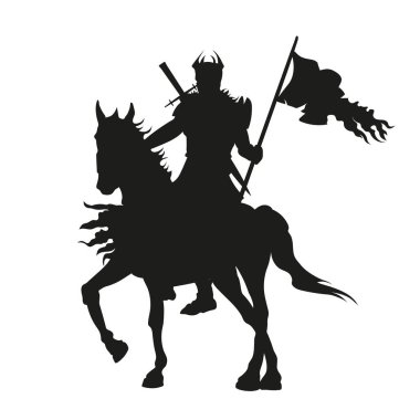 Fantasy knight silhouette. Dark horsemen with flag. Black medieval warrior. Devil soldier on horse. Isolated dead rider. Vector illustration