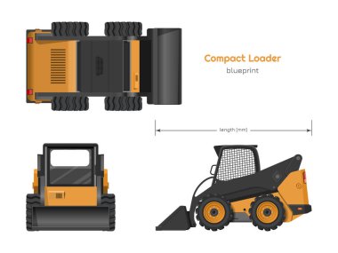 Orange compact loader. Side, front amd top view. Isolated drawing of mini bulldozer. Industrial blueprint of loading machine. Vector illustration