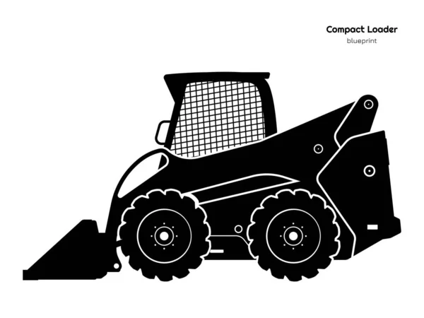 Black Silhouette Compact Loader Side View Isolated Drawing Mini Bulldozer — стоковый вектор