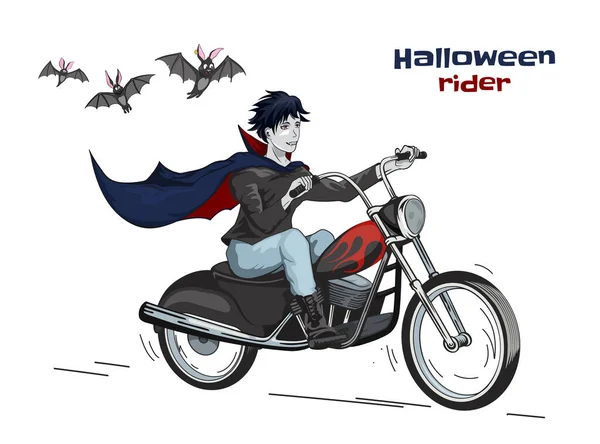 Drácula Dibujos Animados Motocicleta Vampiro Motociclista Halloween Lindo Monstruo Jinete — Vector de stock