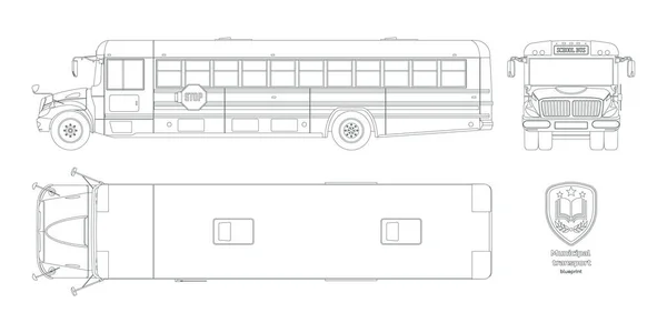 孤立したスクールバスの図面 都市交通の概要 トップ サイド フロント車両ビュー アカデミー ローリー 工業地帯だ ベクターイラスト — ストックベクタ