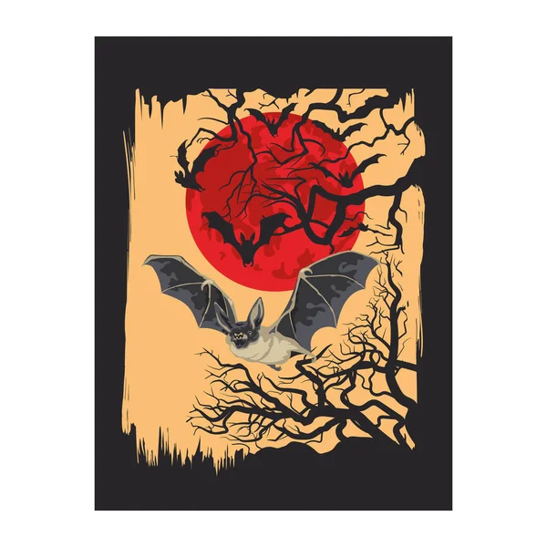 万圣节卡片 红色月亮场景的可怕蝙蝠 黑色轮廓模板 日本明信片的恐怖指纹 黑暗的森林背景矢量说明 — 图库矢量图片