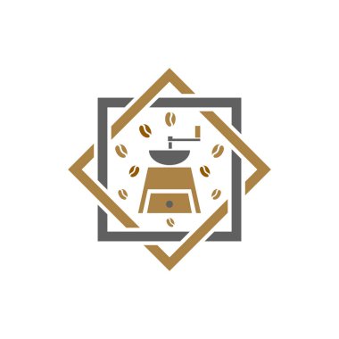 Geleneksel geometrik kahve logosu tasarımı. Kahve öğütücü logosu tasarımı.