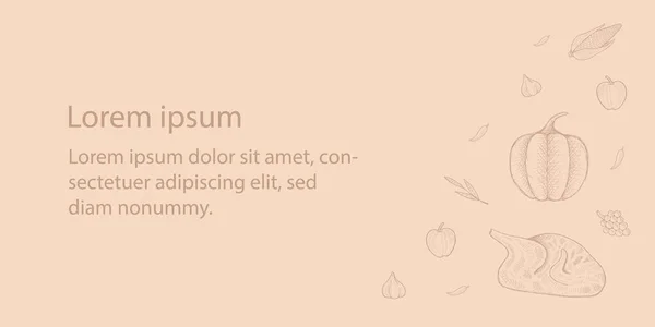 Sonbahar hasat iniş sayfası. El yapımı hindi, balkabağı, elma, sarımsak, üzüm. Pankart, sosyal medya ve internet için uygun.
