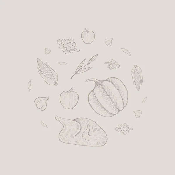 Dairesel ürün çizimi. Balkabağı, hindi, sarımsak, elma üzümü ve baharatlı el çizimi tarzı..