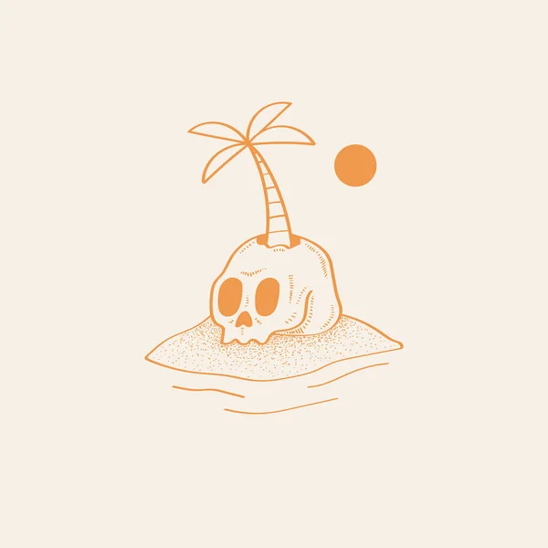 Kafatası adasının basit tasarımı. Ölüm adası, kafatası palmiyesi, güneş ve deniz. Yaz titreşimleri resimleme.