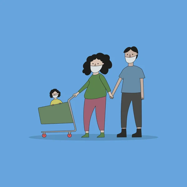  Maske vektör çizimi kullanılarak salgın sırasında aile alışverişi covid19.