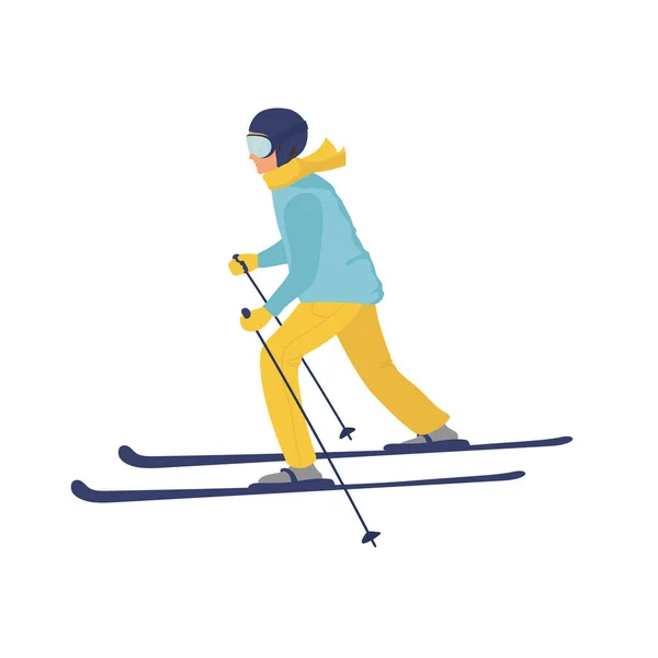 スキーに乗っている若い男は 冬マスク 漫画風の平面ベクトルイラスト — ストックベクタ