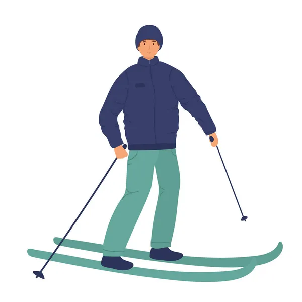 Jongeman Rijdt Ski Sneeuw Winter Vlakke Vector Illustratie Cartoon Stijl — Stockvector