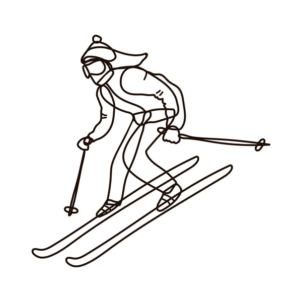 Girl Young Woman Skiing Lineart Black White Isolated Doodle Vector — Stock Vector