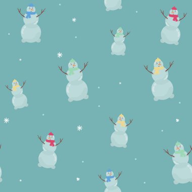 Kardan adam ve kar taneleriyle kusursuz bir Noel deseni. düz, vektör, duvar kâğıdı için mükemmel, ambalaj kağıdı, desen dolguları, kış selamları, web sayfası geçmişi, yeni yıl tebrik kartları.