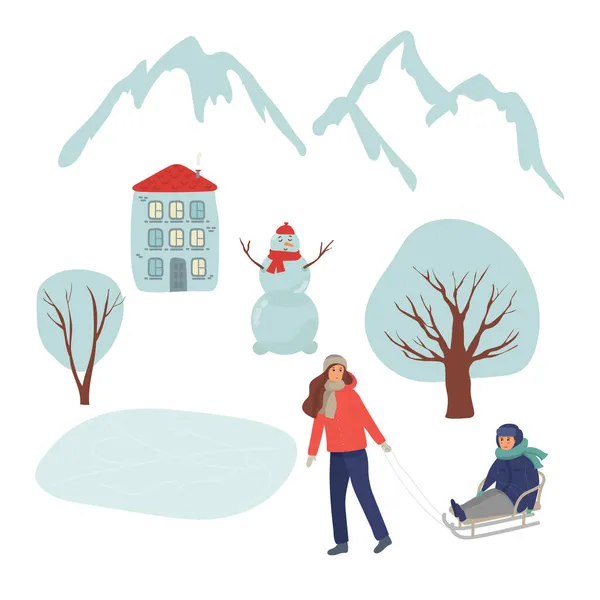 冬のシーズンセットベクトルイラスト 公園の人々クリスマスの都市景観 家族の集まりだ ママは息子をそりに乗せてる 雪だるま — ストックベクタ