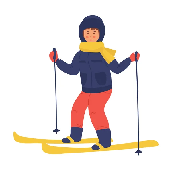 Vector Illustration Kid Skiing Girl Skiing Flat Character Cartoon Winter — Stock Vector