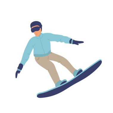 Vektör karikatür snowboardcu atlayışı. Snowboard 'daki genç adam ya da çocuk. Sade kış. Çizgi film tarzında düz vektör çizimi. spor.