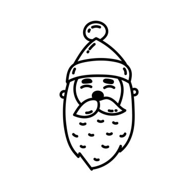 Noel Baba 'nın başı. Siyah beyaz Noel 'i karala. Vektör çizimi. Çizgi film komik hatları. Tebrik kartları, posterler, yamalar ve giysiler için baskılar, amblemler için dekorasyon.