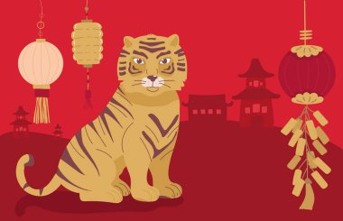 2022 Çin Yeni Yılı geleneksel Kaplan tebrik kartı çizimi. Yatay pankart. el kırmızı altın çiziyor..