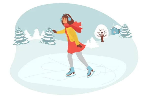 Schattig Meisje Draagt Warme Winterkleding Schaatsen Bevroren Oppervlak Jonge Vrouw — Stockvector