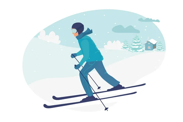 スキーに乗っている若い男は 冬マスク 漫画風のフラットベクトルイラスト 冬のスポーツ活動ベクトルイラスト 冬の風景 — ストックベクタ