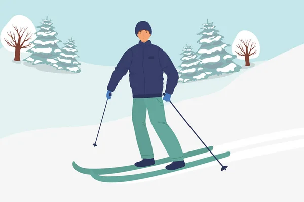 Young Man Riding Skis Masked Winter Flat Vector Illustration Cartoon — Stock Vector