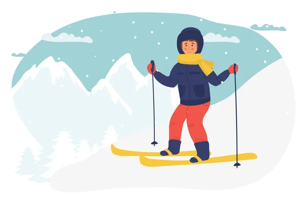 キッズスキーガールのベクトルイラストがフラットなキャラクターをスキー 漫画冬のスポーツ 冬のスポーツ活動ベクトルイラスト 冬の風景 — ストックベクタ