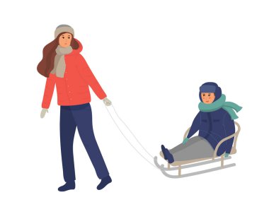 Anne çocuğuyla kızak yapmış. Ebeveyn, çocuk birlikte dışarıda eğleniyor. Aile uykusu. Kış tatili aktivitesi. Beyaz arka planda izole edilmiş sevimli çizgi film karakterleri. düz vektör illüstrasyonu.