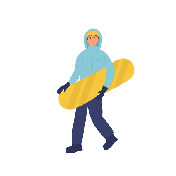 Vector cartoon snowboarder. De man loopt en houdt het skateboard Cartoon vast. plat — Stockvector